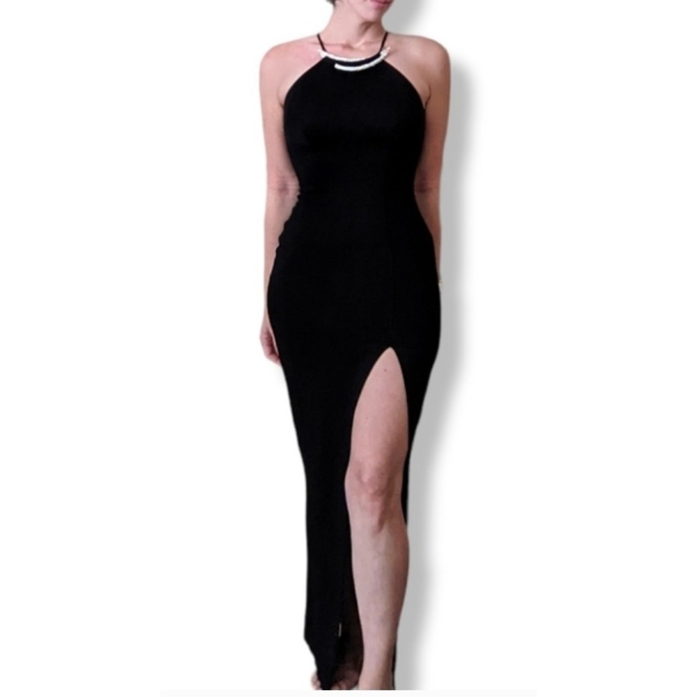 Nicole‎ Bakti Black Halter Gown Rhinestone Collar Bodycon Maxi Dress Size S